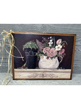 Painted Flowers on Wooden Board Signed Jo Moulton Floral Decor Wall Hanging
